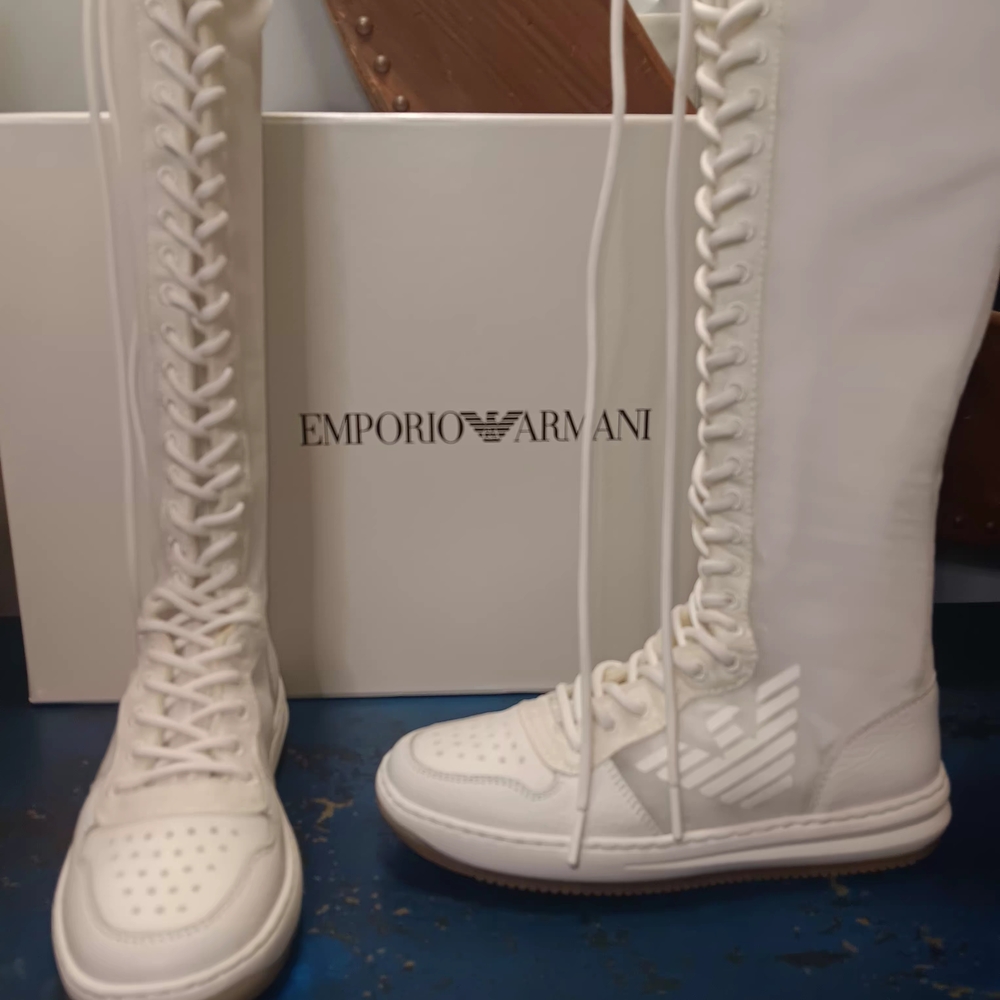 Emporio Armani White Lace-Up Knee-High Sneakers ( Leather And Sheer Upper )